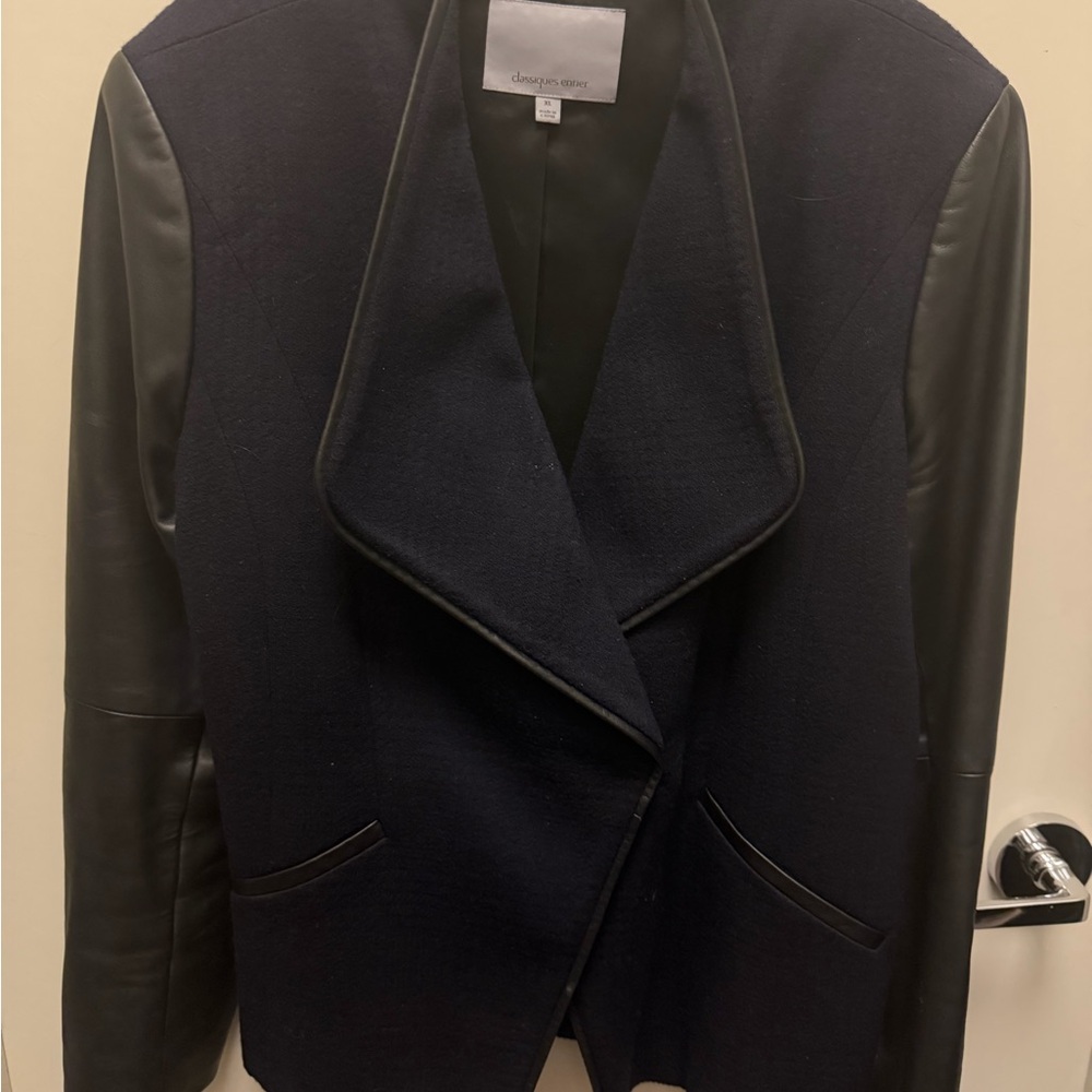 Calvin Klein Women's Navy and Black Blazer with Leather Sleeves